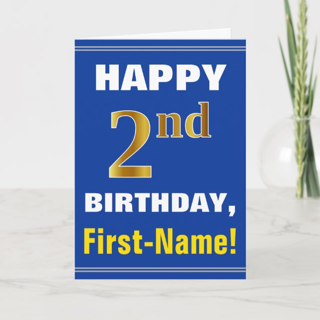 Bold, Blue, Faux Gold 2nd Birthday w/ Name Card (Front)