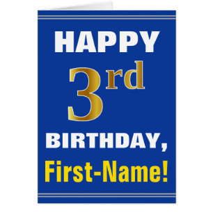 Bold, Blue, Faux Gold 3rd Birthday w/ Name Card