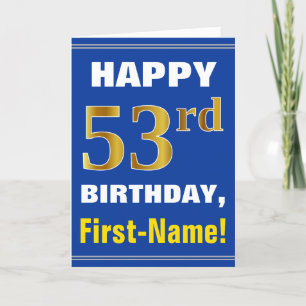 Bold, Blue, Faux Gold 53rd Birthday w/ Name Card