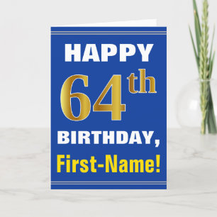 Bold, Blue, Faux Gold 64th Birthday w/ Name Card