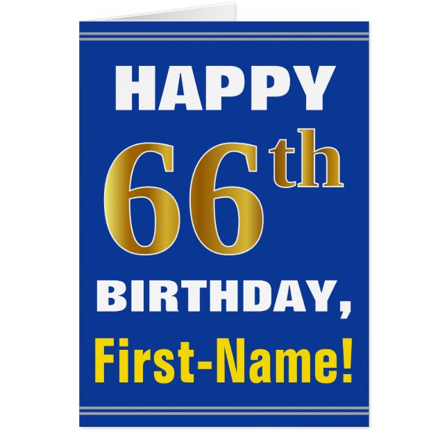 Bold, Blue, Faux Gold 66th Birthday w/ Name Card (Front)