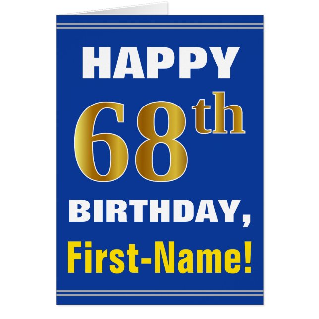 Bold, Blue, Faux Gold 68th Birthday w/ Name Card (Front)