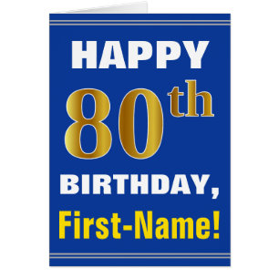 Bold, Blue, Faux Gold 80th Birthday w/ Name Card