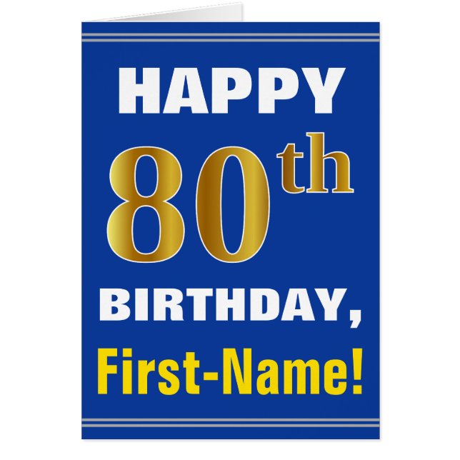 Bold, Blue, Faux Gold 80th Birthday w/ Name Card (Front)