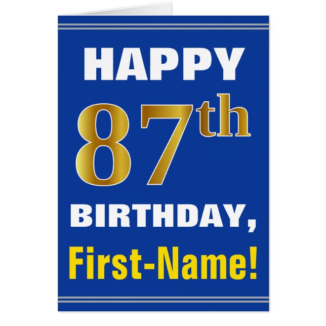 Bold, Blue, Faux Gold 87th Birthday w/ Name Card (Front)