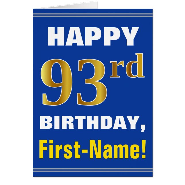 Bold, Blue, Faux Gold 93rd Birthday w/ Name Card (Front)