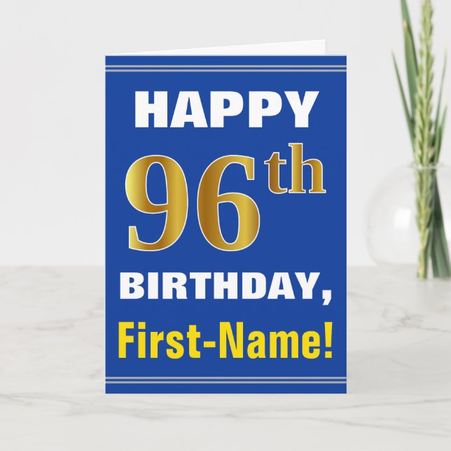 Bold, Blue, Faux Gold 96th Birthday w/ Name Card (Front)