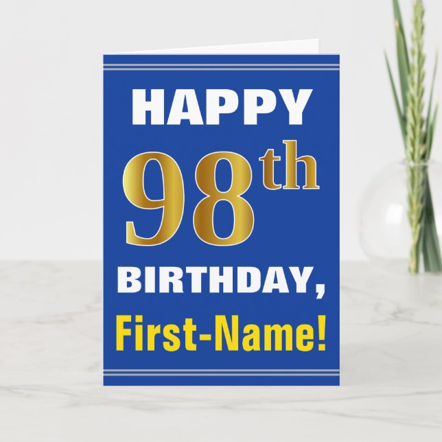 Bold, Blue, Faux Gold 98th Birthday w/ Name Card (Front)