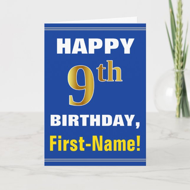 Bold, Blue, Faux Gold 9th Birthday w/ Name Card (Front)