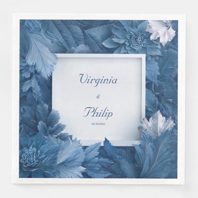 Bold Blue Floral Botanical Wedding Napkins (Front)
