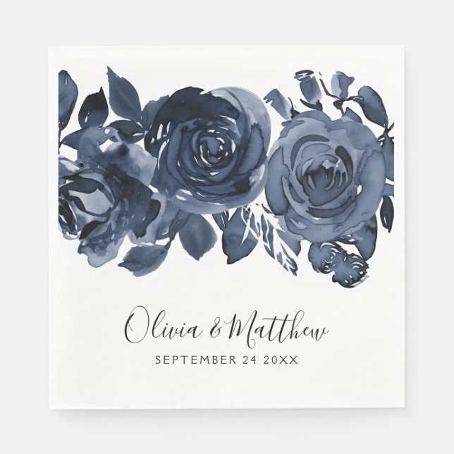 Bold Blue Floral Hand Lettering Wedding Napkin (Front)