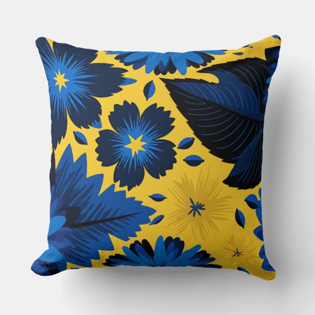 Bold Blue Floral on Vibrant Yellow Background Cushion (Front)