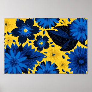 Bold Blue Floral on Vibrant Yellow Background Poster
