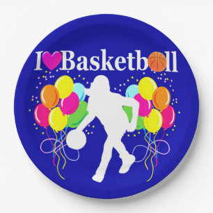 BOLD BLUE I LOVE BASKETBALL PAPER PLATES