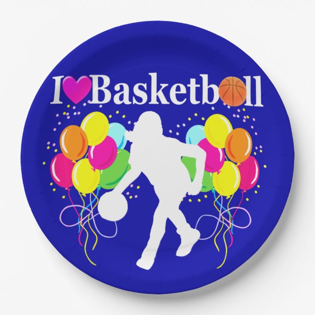 BOLD BLUE I LOVE BASKETBALL PAPER PLATES (Front)