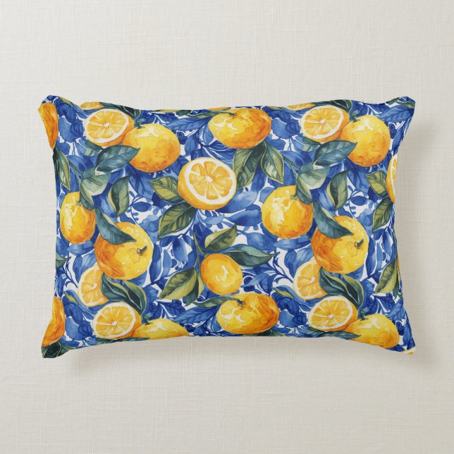 Bold Blue Italian Positano Lemon Decorative Cushion (Front)