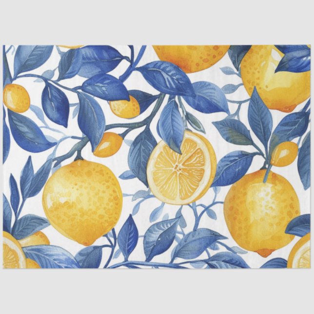 Bold Blue Italian Positano Lemon Tissue Paper (Front)