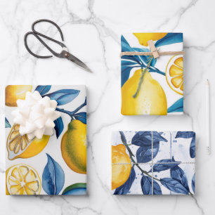 Bold Blue Italian Positano Lemon Wrapping Paper Sheet
