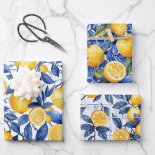Bold Blue Italian Positano Lemon Wrapping Paper Sheet