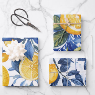 Bold Blue Italian Positano Lemon Wrapping Paper Sheet