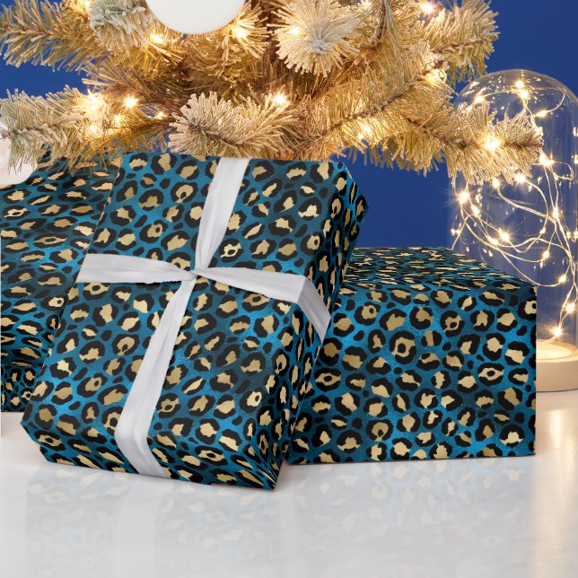 Bold Blue Leopard Print | Glam Animal Pattern Wrapping Paper (Holidays)