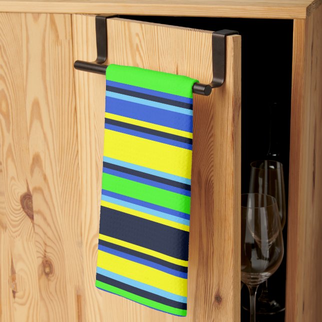 Bold Blue, Lime, & Yellow Striped Kitchen Towel (Thirds Fold)