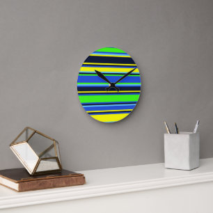 Bold Blue, Lime, & Yellow Striped Wall Clock