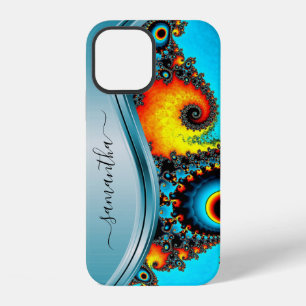 Bold Blue Metallic Handwritten Monogram iPhone 12 Case