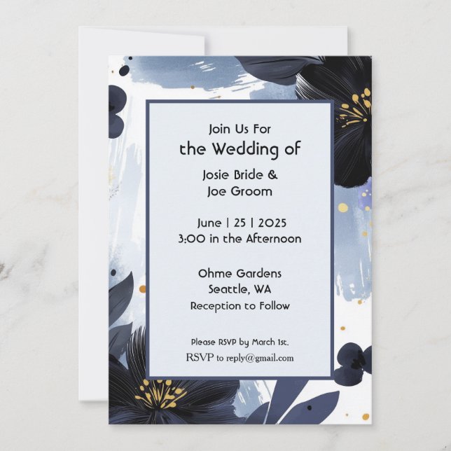 Bold blue modern floral wedding invitation (Front)