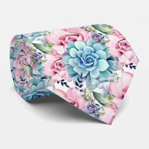 Bold Blue Pink Succulents Tie