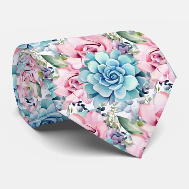 Bold Blue Pink Succulents Tie (Rolled)