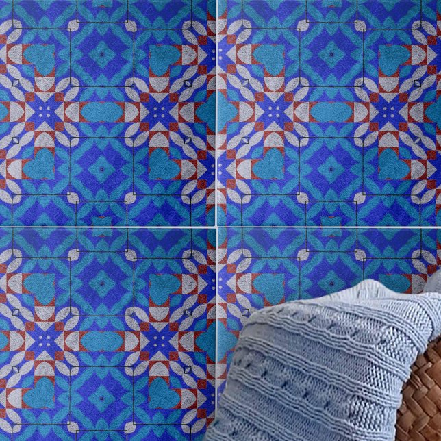 Bold Blue Red White Mosaic Geometric Pattern Tile (Creator Uploaded)