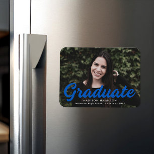 Bold Blue Script Photo Graduation Announcement Magnet