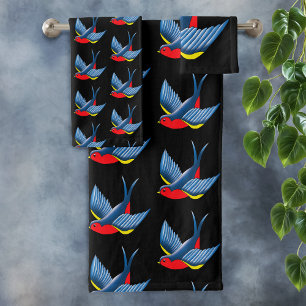 Bold Blue Traditional Swallow Bird Tattoo Style Bath Towel Set