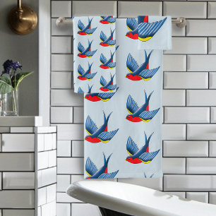 Bold Blue Traditional Swallow Bird Tattoo Style Bath Towel Set