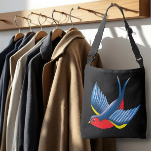 Bold Blue Traditional Swallow Bird Tattoo Style Crossbody Bag