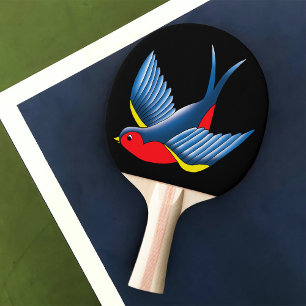 Bold Blue Traditional Swallow Bird Tattoo Style Ping Pong Paddle