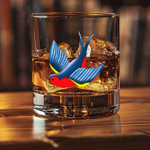 Bold Blue Traditional Swallow Bird Tattoo Style Whiskey Glass