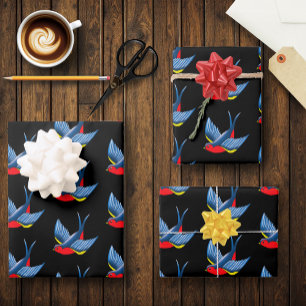 Bold Blue Traditional Swallow Bird Tattoo Style Wrapping Paper Sheet