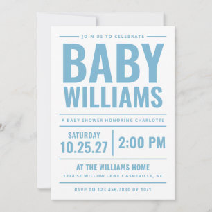 Bold Blue Typography Boy Baby Shower Invitation