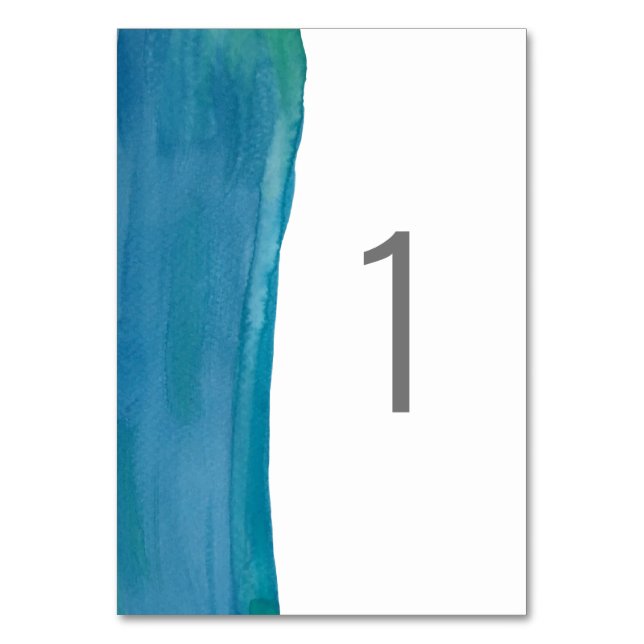 Bold blue watercolor wave wedding table card (Front)