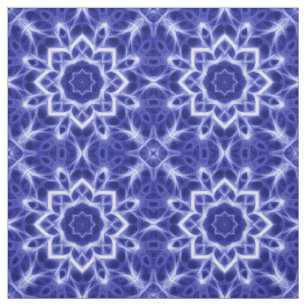 Bold Blue White Glowing Mandala Pattern Print Fabric