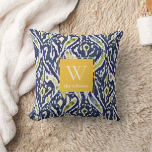 Bold Blue Yellow Abstract Classy Ikat Monogram Cushion