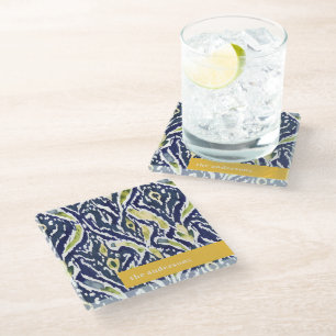 Bold Blue Yellow Abstract Classy Ikat Monogram Glass Coaster