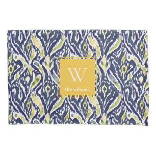 Bold Blue Yellow Abstract Classy Ikat Monogram Pillowcase