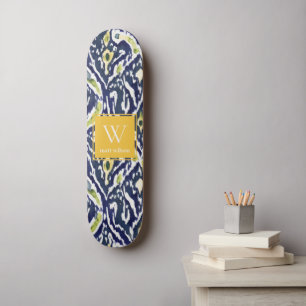 Bold Blue Yellow Abstract Classy Ikat Monogram Skateboard