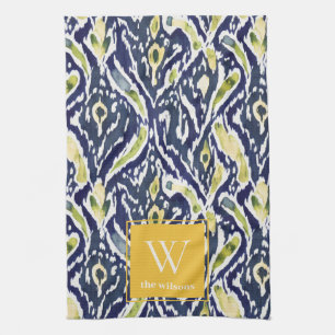 Bold Blue Yellow Abstract Classy Ikat Monogram Tea Towel