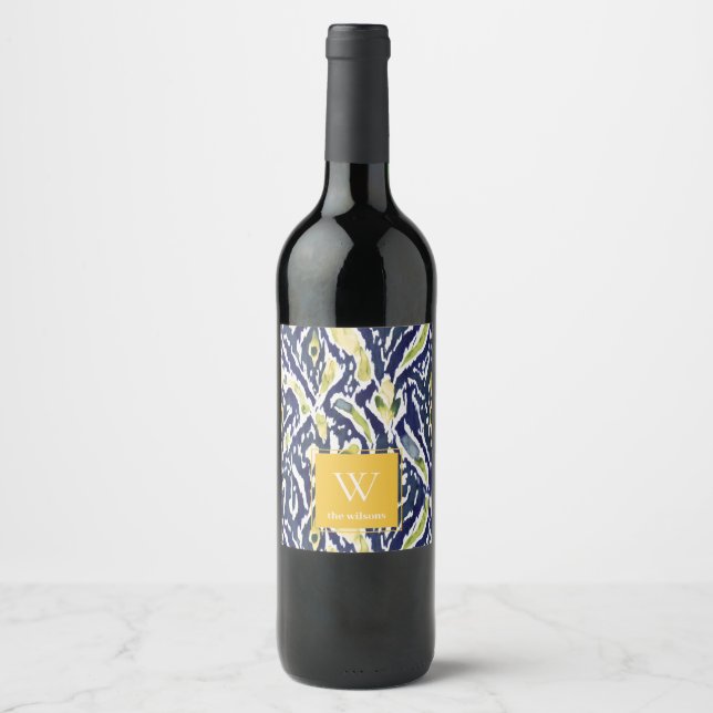 Bold Blue Yellow Abstract Classy Ikat Monogram Wine Label (Front)
