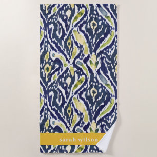 Bold Blue Yellow Abstract Classy Ikat Pattern Beach Towel