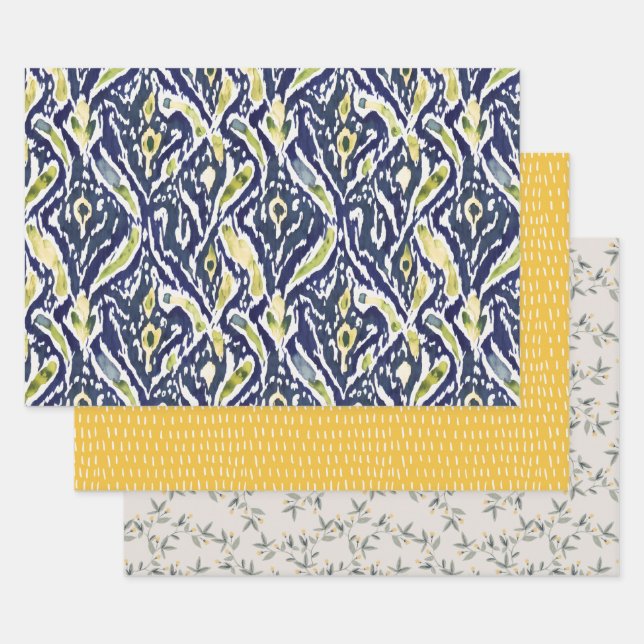 Bold Blue Yellow Abstract Classy Ikat Pattern Wrapping Paper Sheet (Set)